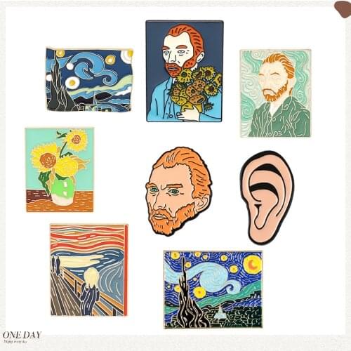 Van Gogh Brooches The Scream Sunflower The Starry Night Enamel Pins for Backpacks Artist Badge Metal Jewelry Gift 2021 Wholesale