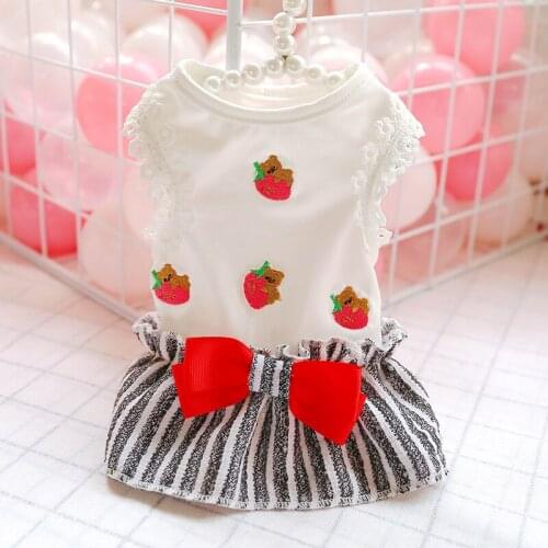 Black Red Stripe Bow Pet Skirts Withe Lace Sleeveless Dog Vest With Strawberry Outfit Puppies Pugs French Bulldog Terrier Goods