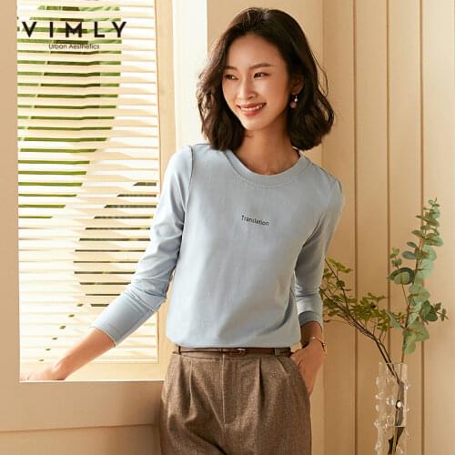 Vimly Autumn Women Tshirt Fashion O Neck Letter Print Long Sleeve Pullover Casual Female Clothes Tops F1677