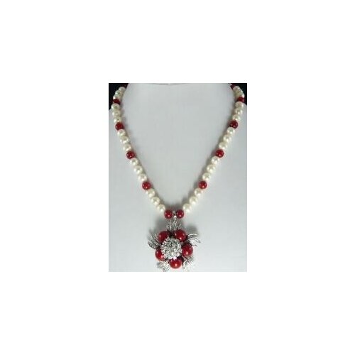 Exquisite White Pearl And Red Jades Inlay Crystal Flower Pendant Necklace