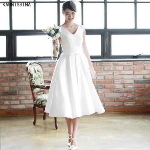 KAUNISSINA Summer Short A Line Wedding Dresses V Neck Satin White Vestidos Cheap Wedding Party Gowns For Bride Custom Made
