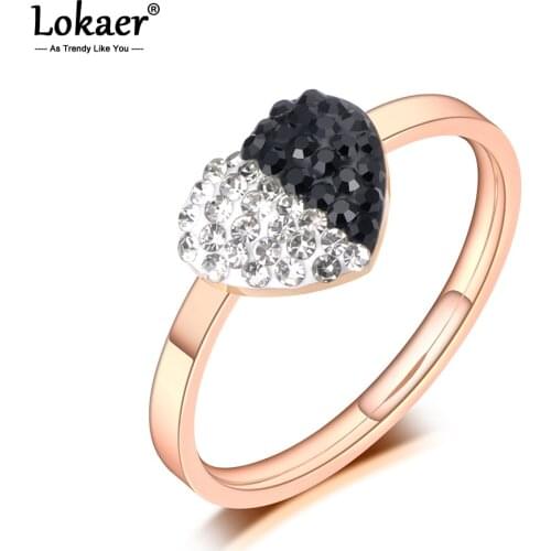 Lokaer Stainless Steel White/Black Rhinestone Heart Rings Jewelry For Women Girls Trendy Rose Gold Love Wedding Rings R19104