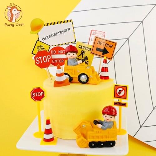 Engineering Construction Vehicle Decoration Traffic Sign Star Cake Topper for Birthday Party Baby Shower Baking Supplies Gifts
