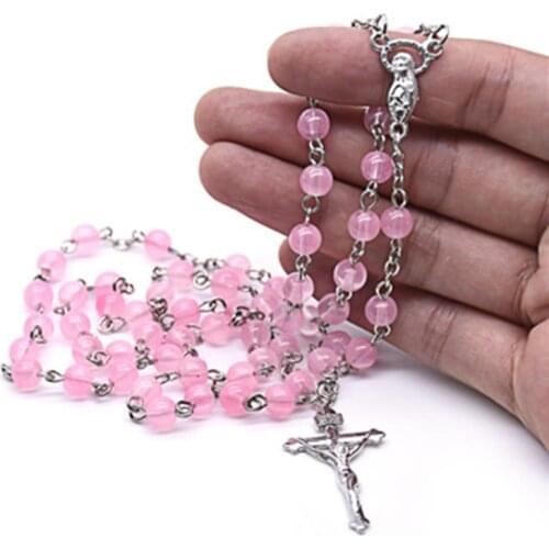 Fashion Pink Glass Bead Cross Rosary Beads Necklace Virgin Mary Catholic Prayer Ornament Gift For Women Jewelry Accessories