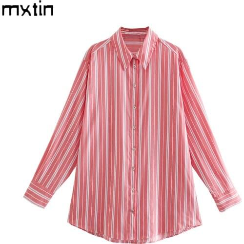 MXTIN 2021 Women Spring Fashion Striped Single Breasted Loose Blouses Vintage Lapel Collar Long Sleeve Female Shirts Casual Tops