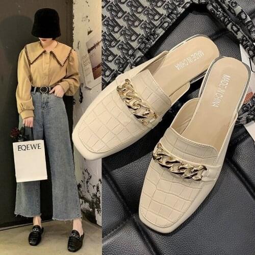 2021 New Chain Mules Women Slides Square Toe Ladies Striped Shoes Summer Fashion Footwear Plus Big Size
