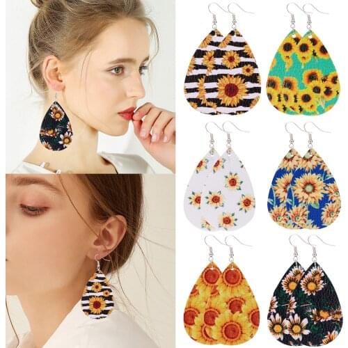 2021 latest fashion trend hot sale double-sided printing teardrop shaped sunflower leather earrings all-match style wholesale