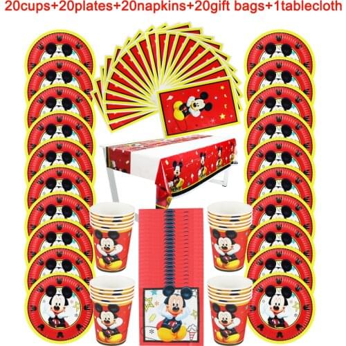 81Pcs Disposable Tableware Red Mickey Mouse Theme Kids Birthday Party Paper Plate+Cup+Napkin+Candy Gift Bags+Tablecloth Supplies