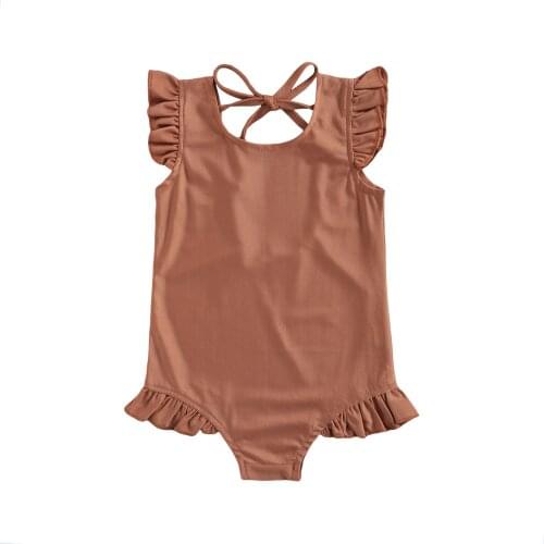 1-6Y Summer Toddler Girls One Piece Swimwear Solid Ruffles Short Sleeve Backless Bikini 4