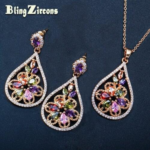 BeaQueen Big Tear Drop Shape Vintage Colorful Flower Dangling Earrings Pendant Necklace Women Gold Color Jewelry Sets JS141