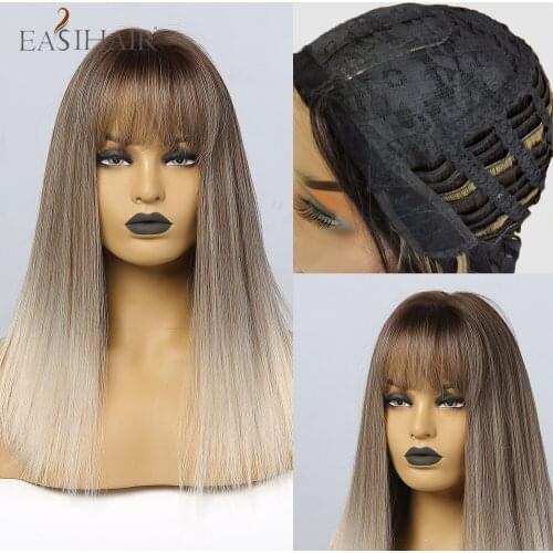EASIHAIR Medium Long Straight Synthetic Cosplay Wigs for Women Ombre Brown Light Blonde Wigs with Full Bangs Natural Faker Hair