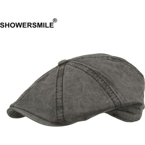 SHOWERSMILE Flat Cap Black Newsboy Cap for Women Men Cotton Casual Beret 2021 New Arrival Solid Octagonal Hat