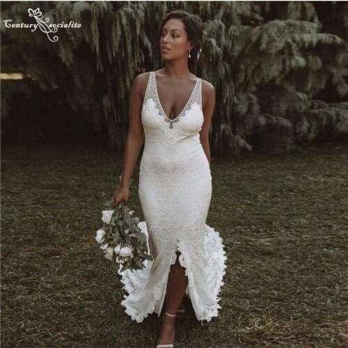 Simple Lace Wedding Dresses Boho Mermaid Bridal Gowns with Slit V-Neck Backless Bohemian Bride Dress Vestido De Noiva