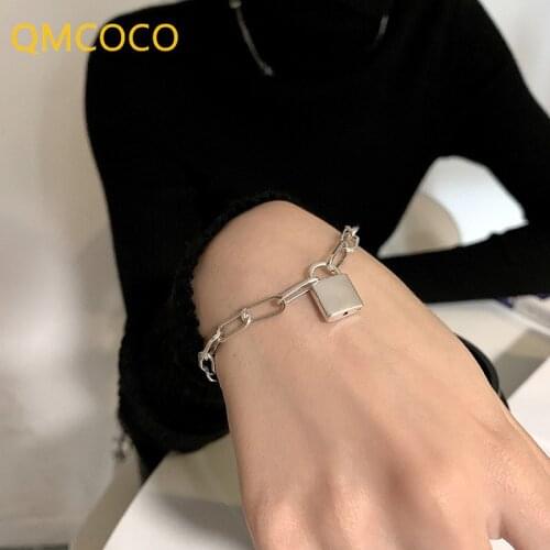 QMCOCO 925 Silver Bracelet For Women New Style Trendy Hip-Hop Vintage Couples Lock Pendant Thick Chain Jewelry Birthday Gifts