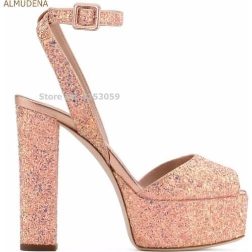 ALMUDENA Luxurious Women Bling Bling Sequined Platform Sandals Chunky High Heels Sparkling Paillette Dress Shoes Wedding Pumps