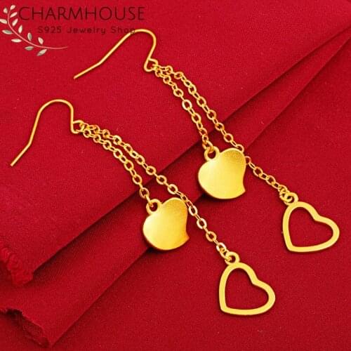 Charmhouse Pure Yellow Gold GP Earrings For Lady Women Hearts Long Tassel Drop Earing Brincos Femme Oorbellen Wedding Jewelry