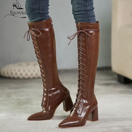 Sgesvier 2020 New arrival women boots thick high heels pointed toe winter boots fashion lace up top quality knee high boots