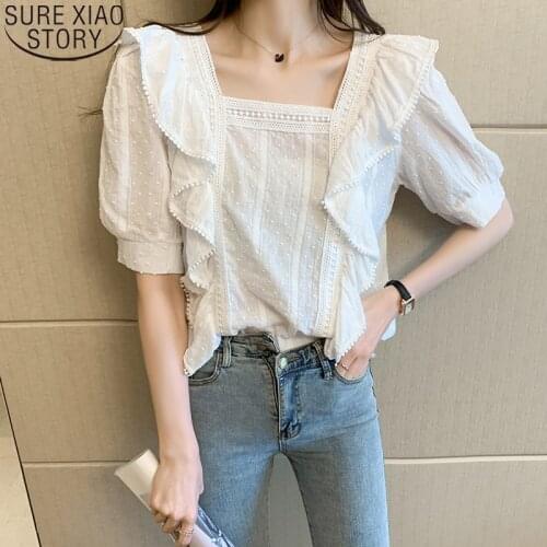 Chic Lace Blouse Women Shirt Casual Short Sleeve Lace Shirts 2021 French Style Square Collar Summer Ruffles Blouse Blusas 13760