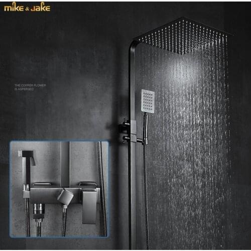Bathroom gunmetal shower mixer hot and cold four function shower kit set wall gunmetal household rainfall 12 inch shower