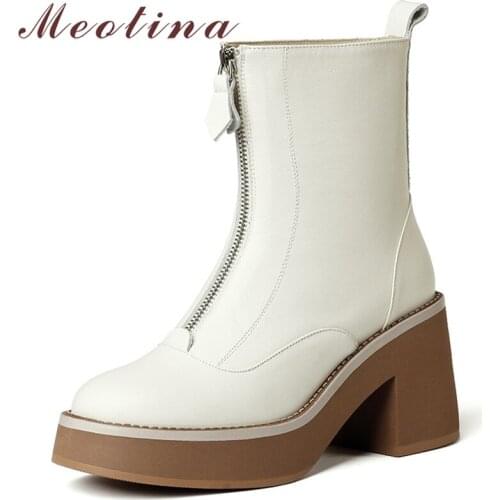 Meotina Women Genuine Leather Ankle Boots Fashion Thick Heel Zipper Shoes High Heel Round Toe Ladies Boots Autumn Winter 34-42