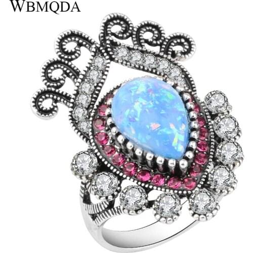 Big Blue Opal Stone Finger Rings For Women Vintage Jewelry Silver Color Crystal Crown Statement Mood Ring