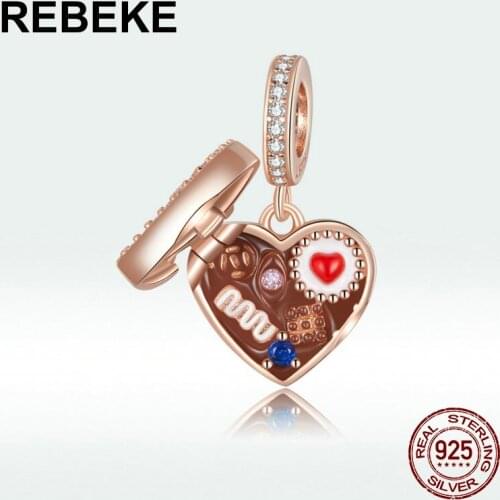 Woman necklace heart pendant Chocolate Gift Box charm fit bracelet rose gold zircon beads 100% 925 sterling silver jewelry DIY