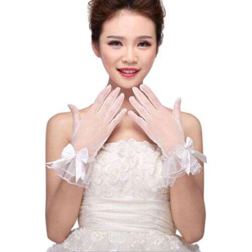 Women White Wedding Bridal Short Gloves Full Finger See Through Ribbon Bowknot Decor Wrist Length Costume Prom Party Solid Color