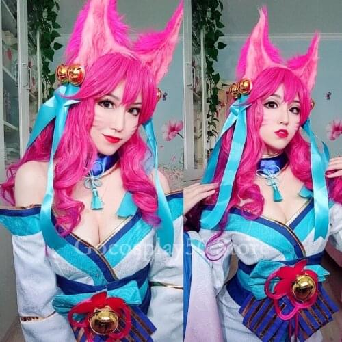 Spirit Blossom Ahri Wig LoL Cosplay Pink Purple Synthetic Hair 70cm Long Curly Wig Women NEW Ahri Cosplay