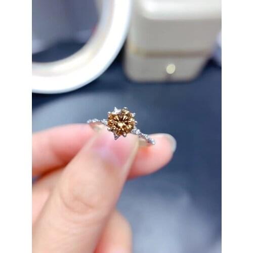 S925 Sterling Silver Champagne Yellow Moissanite Diamond Ring 6.5mm VVS1 Passed Diamond Test Women Got Engaged Luxury Jewelry