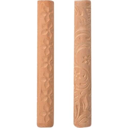 2Pcs Clay Modeling Pattern Rollers Flowers Pattern 6.3in Clay Rolling Pin Textured Roller Wooden Handle Pottery Tools