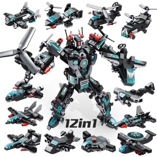577Pcs City Police Creative Educational Building Blocks Toys For Boys DIY Birthday Present Plane Helicopter 12 IN 1 Robot Model