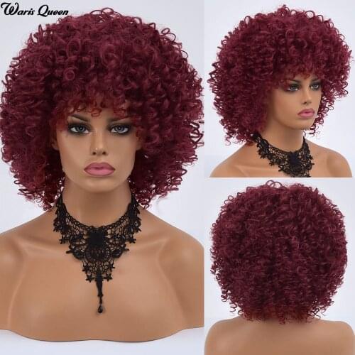 Afro Kinky Curly Natural Wig With Bangs Wine Red Hair Synthetic Heat Resistant Fiber For Black Women Fiber Glueless Wig