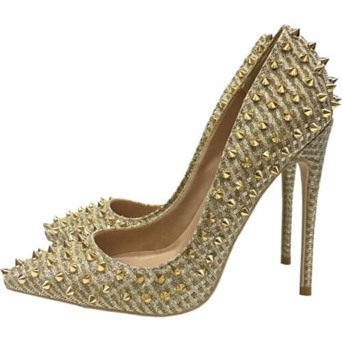 Free shipping 2019 sexy fashion women lady gold Glitter spikes Rivet Poined Toes high heels shoes Wedding pumps shoes 12cm 10cm