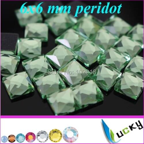 Free shipping glass hotfix rhinestones!288pcs 6x6mm square shape peridot color hotfix crystal stones for heat transfer