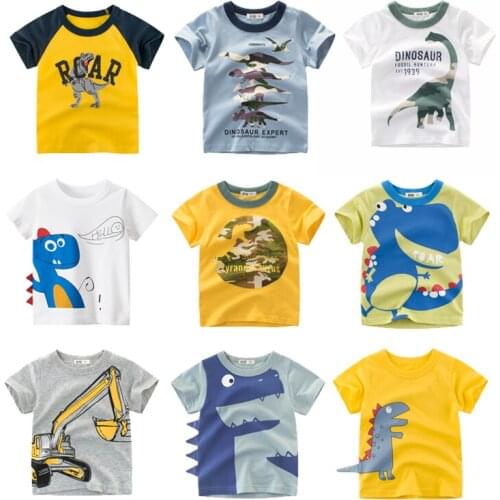 T-shirt cartoon animal baby boy girl children cotton short sleeve summer dinosaur excavator printed T-shirt red car kids