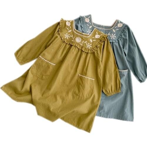 2 to 6 years baby & kids spring embroidery floral square collar long sleeve flare dress children girl fashion pocket dresses