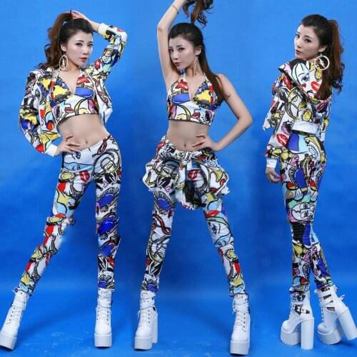 Jazz Dance Costumes Personality Doodle Jacket Tops Pants Women Hip Hop Clothing Nightclub Singer Dj Ds Pole Dancewear DT1063