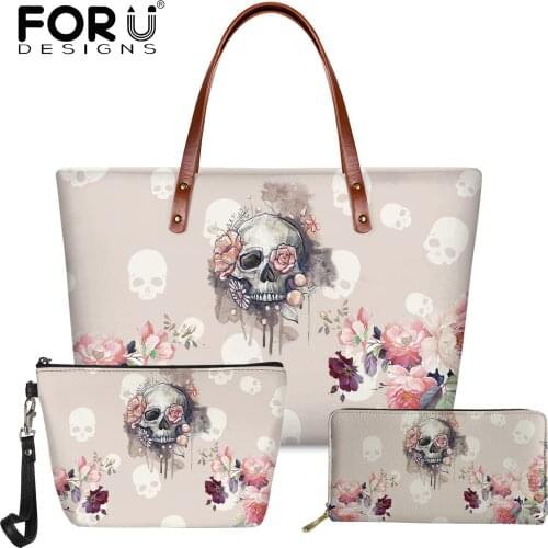FORUDESIGNS New Fashion Lady Leather Shoulder Bag Skull and Flower Printing Handbag and Purse Set Luxury Woman PU Tote Bags Sac