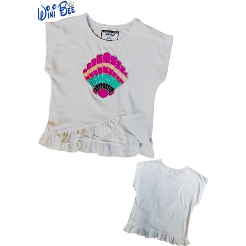 T Shirt for Girls Short Sleeve Tees White Kawaii Top Triangle Ruffle Hem Peacock Sequins Girls Clothes Summer 2021 2 4 6 Years