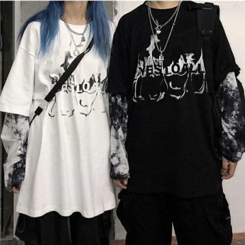 NiceMix Harajuku Fake Two Pieces T Shirt Woman and Man Fashion Streetwear Tie Dye Letter Print Tops Casual Long Sleeve Tops Tees