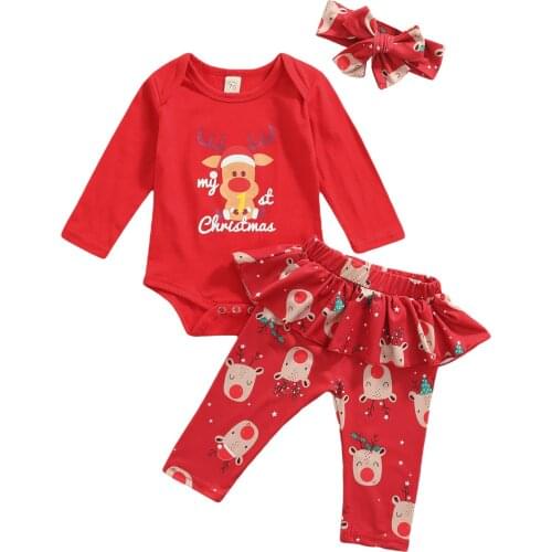 3 Pieces Baby Suit Set, Cartoon Elk Print O-Neck Long Sleeve Romper+ Trousers+ Headband for Girls, Red, 0-18 Months