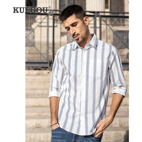 KUEGOU 2021 Spring Cotton Striped Casual Shirt For Men Oversize Male Fashion Unusual Collar Button Long Sleeve Clothing 20520