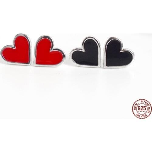 LKO 925 Sterling Silver Enamel Black Red Love-Heart Stud Earrings For Women Girl Romantic Wedding Party Accessories Jewelry Gift