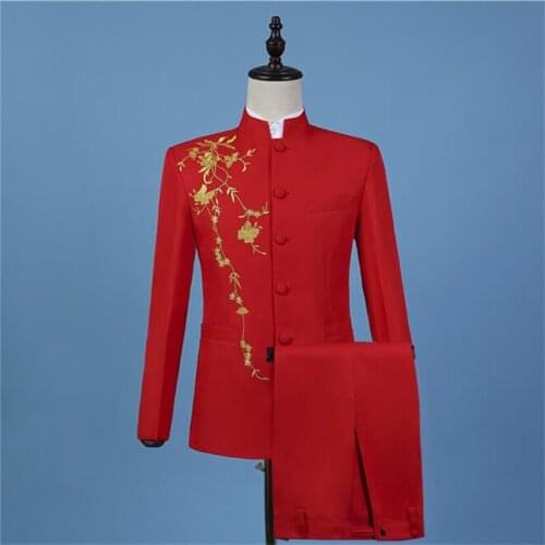Embroidered blazer men groom suit set with pants mens Chinese tunic suits tang singer stage clothing formal dress stand collar