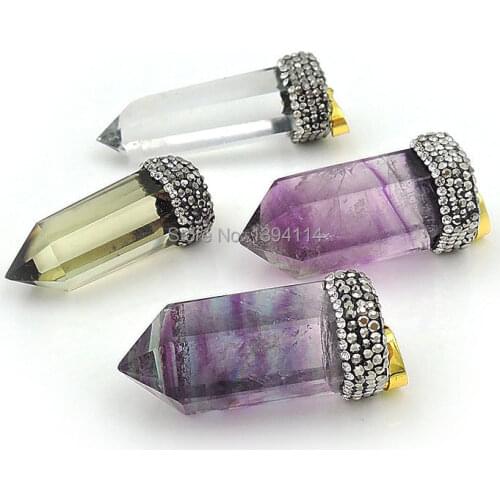 Natural Clear Quartz Crystal/Smoke Quartz/Fluorite Point Pendants Hexagon Column Paved CZ Gold Plated Approx 40*18 mm