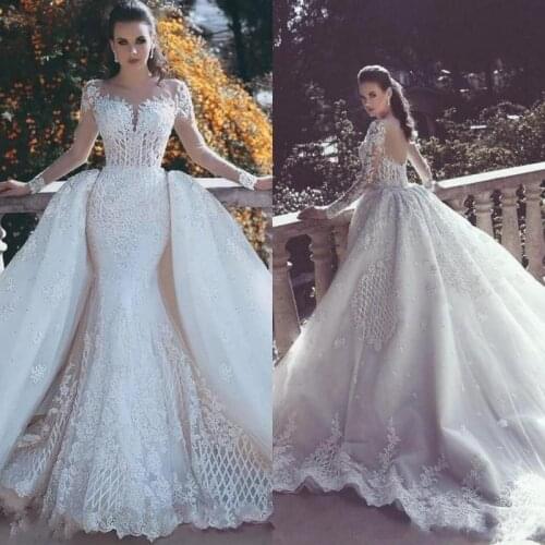 African Luxury Lace Mermaid Wedding Dresses 2020 Illusion Neck Long Sleeve Detachable Train Appliques Beaded Plus Size Arabic