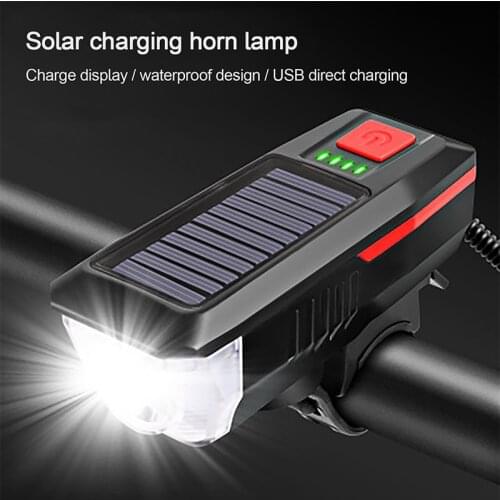 Solar Powered USB Rechargeable LED Bicycle bracket Bicycle Headlight Convenient compact Bike Head Light Lamp + Horn bike light