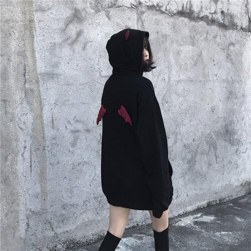 Women Sweatshirts Casual Loose Lay Dark Letter Embroidery Hooded Sweatshirt Vintage Little Devil Wings Streetwear Women Hoodies