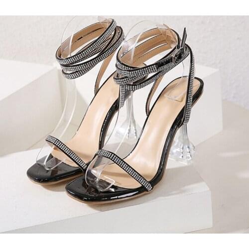 2021 New Bling Rhinestone Pumps High Heels Rome Sandals Women Shoes Open Toe Perspex Heel Crystal Sandals Summer Party Shoes