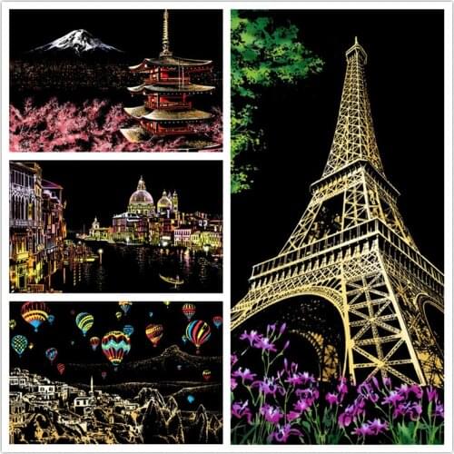 DIY Magic Scratch Painting Paris Eiffel Tower Lasvegas Louvre Venice Art Crafts Place of Interest Home Deco. Picture Gifts